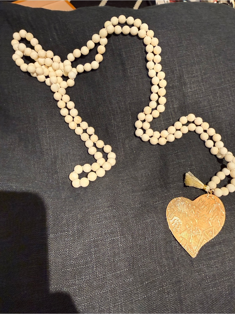 Handcrafted Cream Beaded Necklace with Gold Heart Pendant